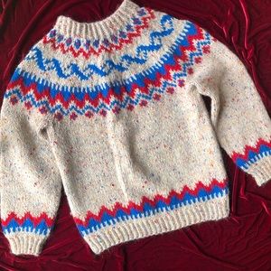 HANDKNIT Red Blue Fair Isle Sweater, handmade fairisle Sweater, Cream Yellow